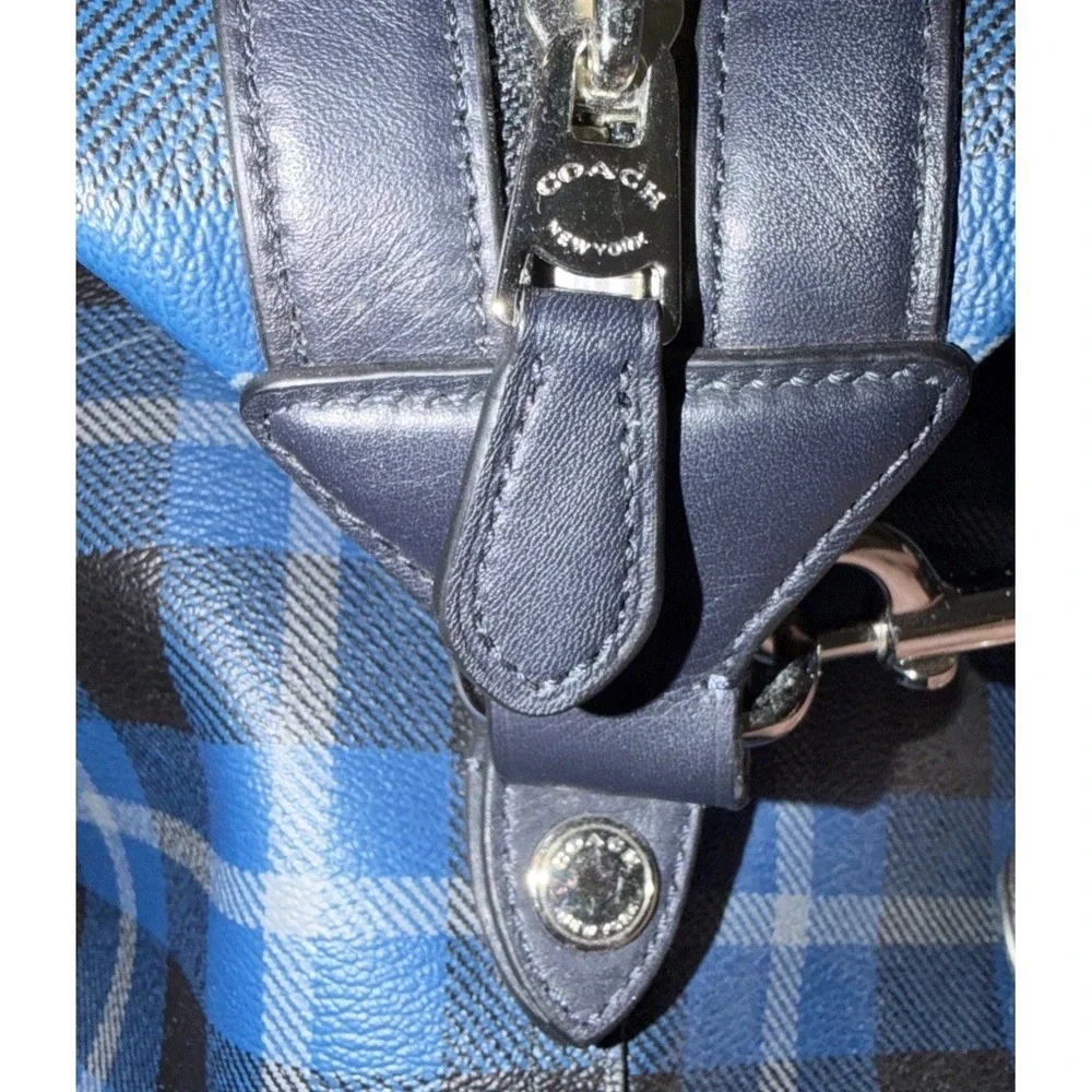 Coach Weekender Duffel Bag Blue Black Plaid Leather Trim Silver Hardware 17X11X9